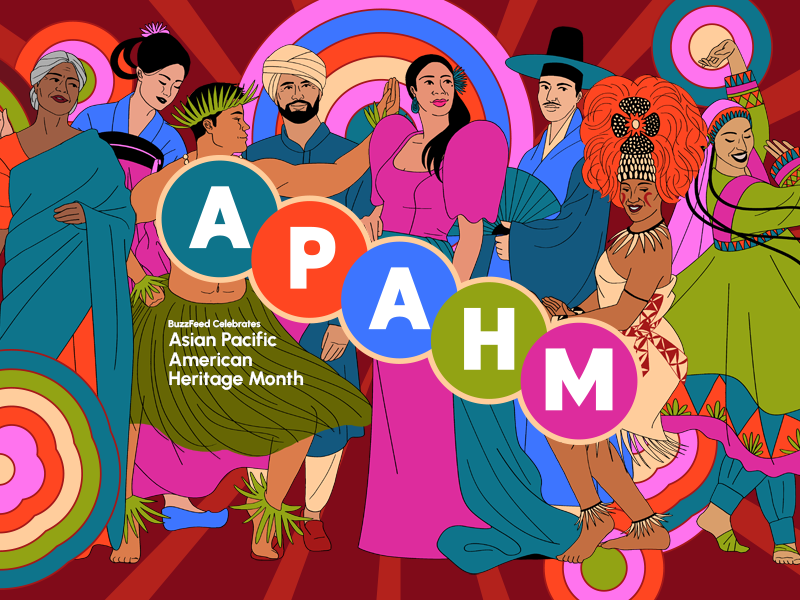 Illustration featuring diverse individuals in traditional attire celebrating Asian Pacific American Heritage Month with the acronym APAHM and colorful backgrounds