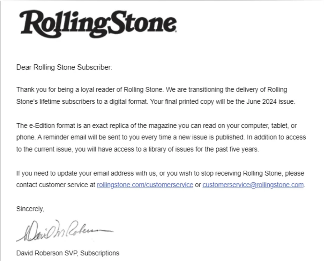 A letter from Rolling Stone announces the transition to digital format starting June 2024. Contact details for customer service are provided for updates or cancellations