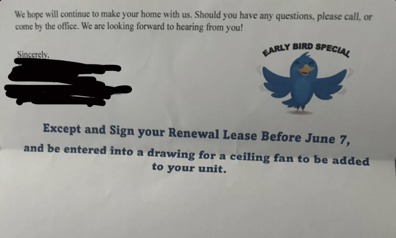 A flyer with a blue bird mascot offering an &quot;Early Bird Special&quot; for signing a lease renewal before June 7 to enter a drawing for a ceiling fan installation