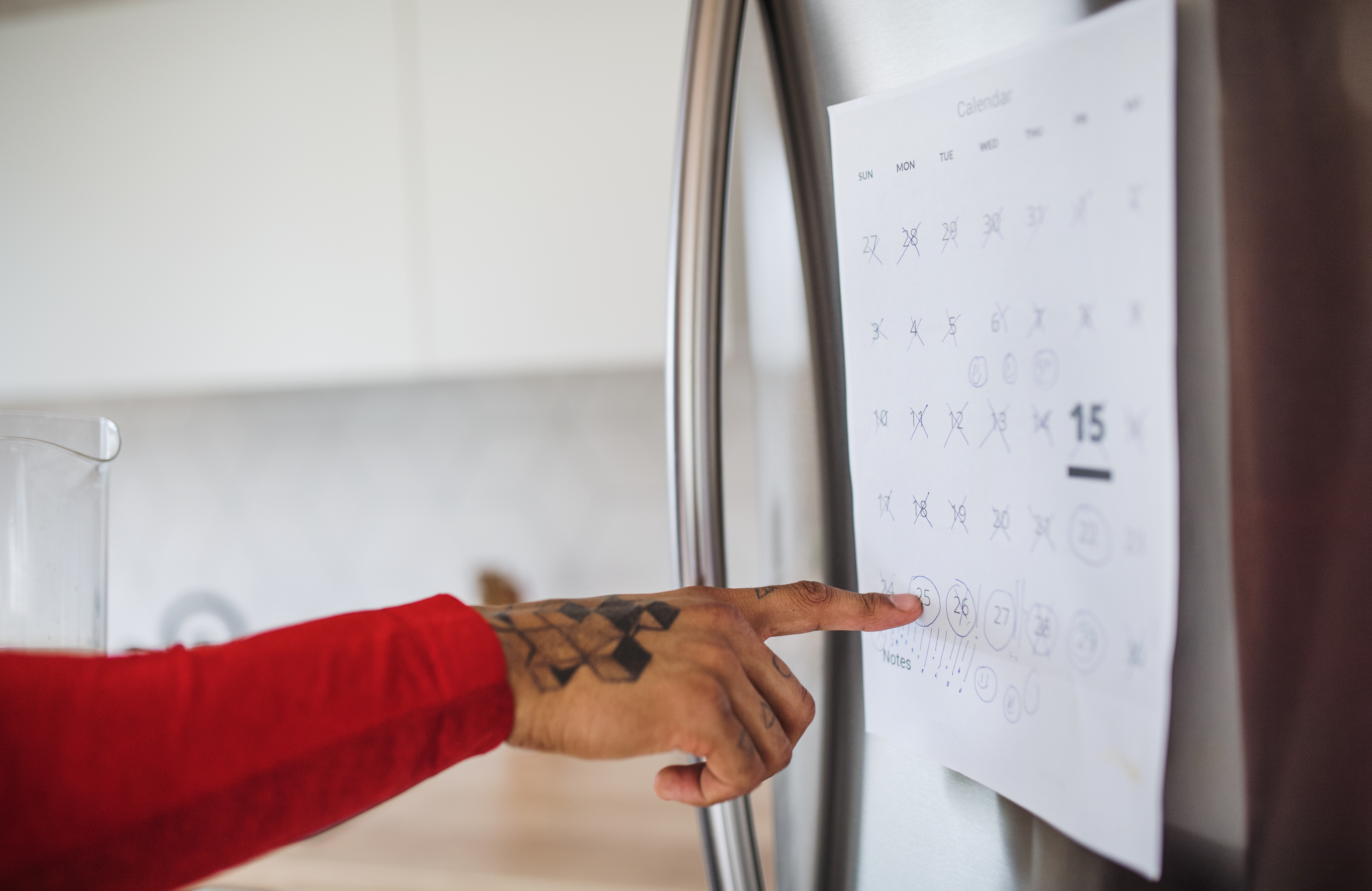 A person&#x27;s arm with tattooed hand in a red sleeve points to dates on a calendar hanging on a refrigerator, highlighting the 15th of the month