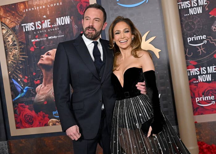 Ben Affleck and Jennifer Lopez pose on the red carpet