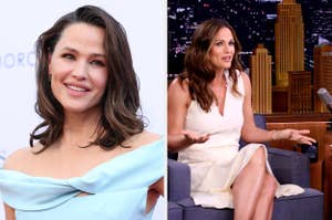 Jennifer Garner in an off shoulder dress vs Jennifer Garner in a vneck dress on a talk show