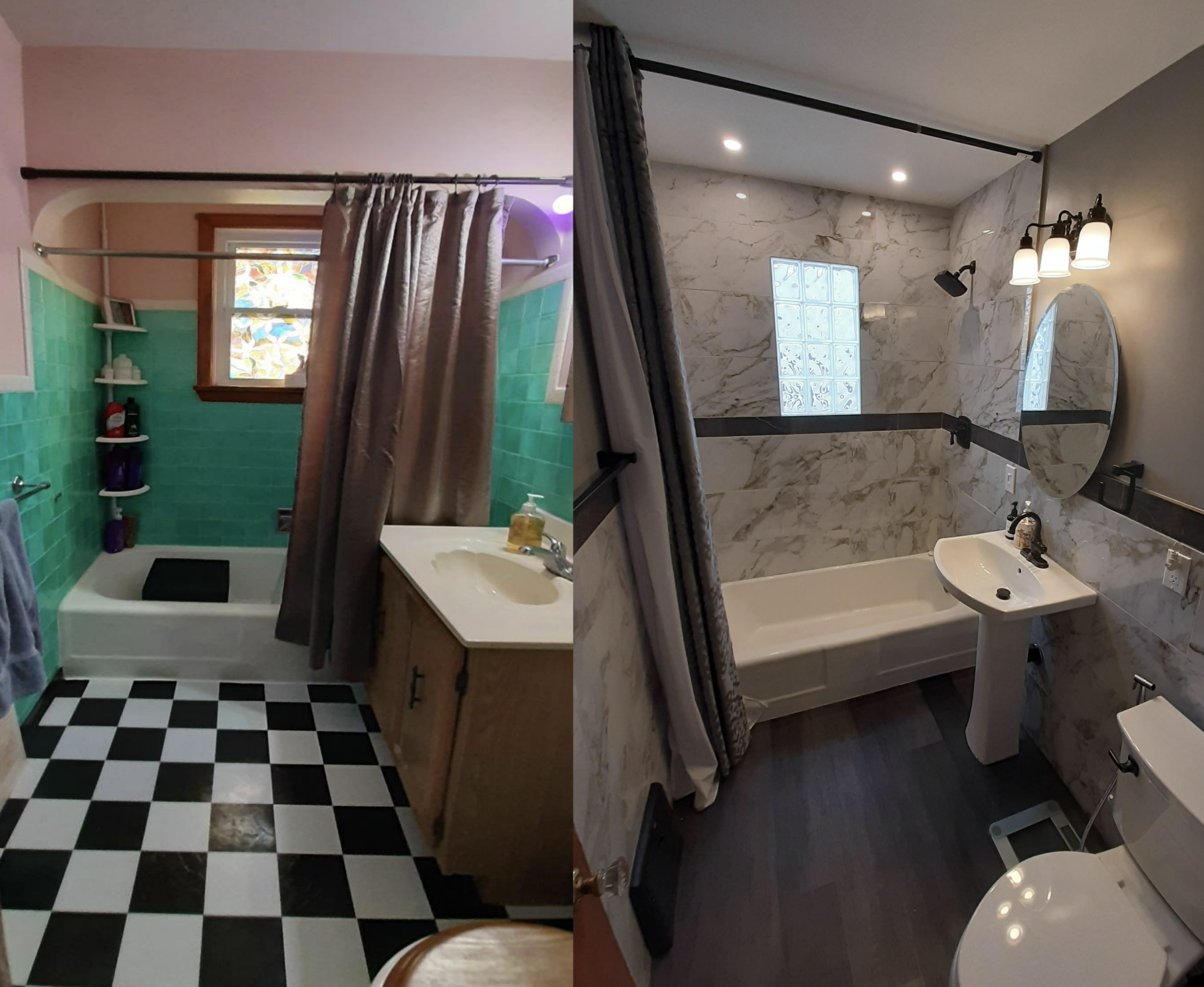 Before and after of a bathroom remodel, showing updated fixtures and tiles