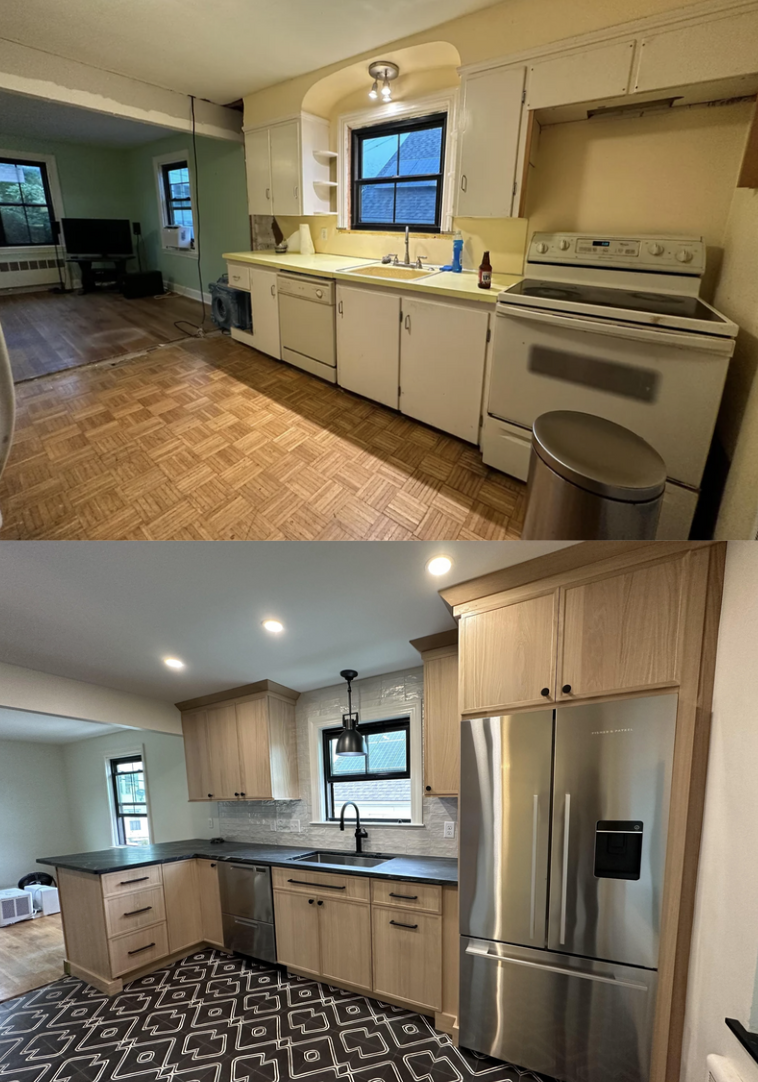 Before and after view of a kitchen remodel, showing older cabinets and appliances replaced with modern counterparts