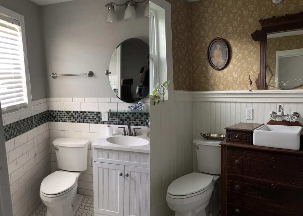 Two different styled bathrooms, one with modern fixtures and tiled accents, the other with antique dresser and mirror