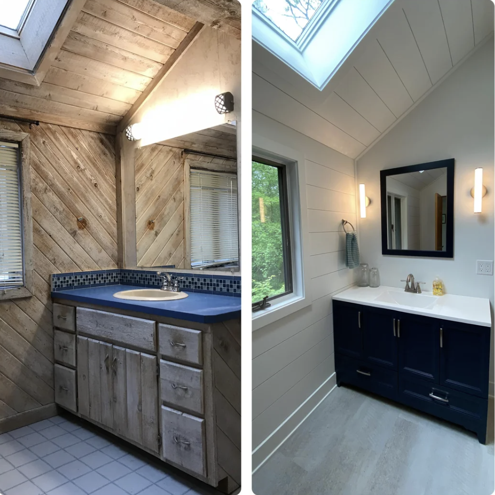 A cabin wood-style bathroom updated to modern finishes