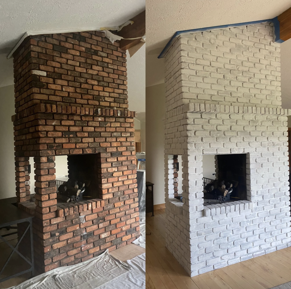 A before and after of a brick fireplace, left unpainted and right painted white, room renovation