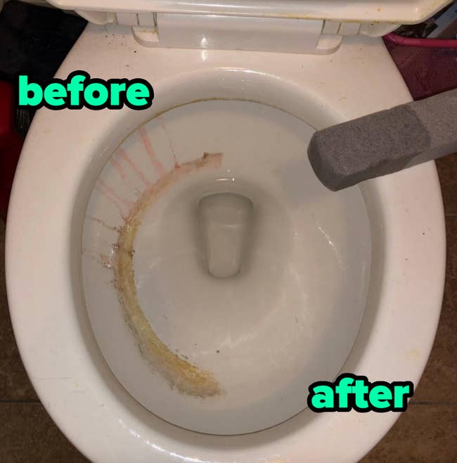 a before and after for a pumice toilet cleaner