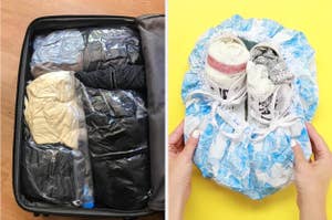 Two packing methods: Left shows clothes in vacuum-sealed bags, right displays shoes wrapped in a shower cap