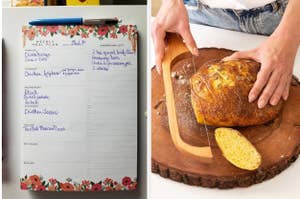 Left side: Weekly meal plan and shopping list, includes recipes for chicken burgers, baked potato salad, chicken tacos. Right side: Person slicing homemade bread on a wooden board