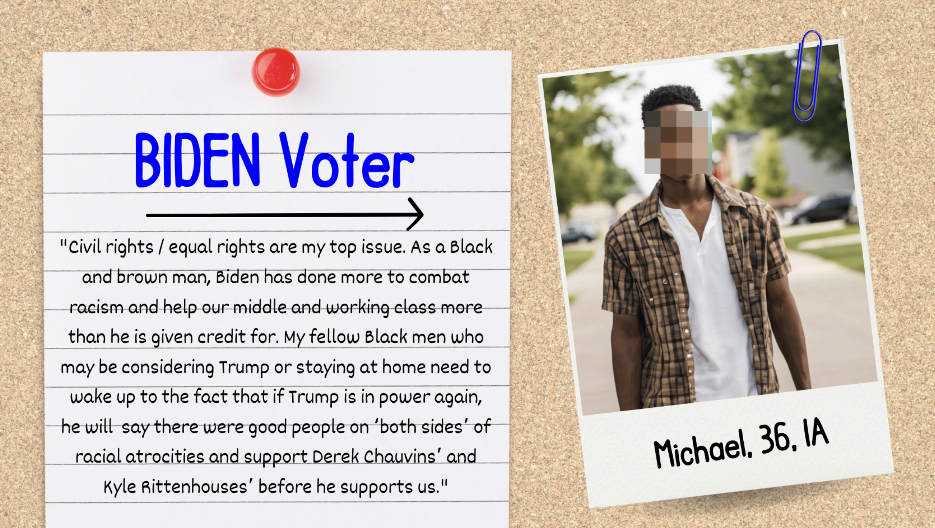 Biden Voter note and Polaroid photo of Michael, 36, IA. Note discusses civil rights, Trump&#x27;s impact, and urging Black men to support Biden to avoid racial injustices