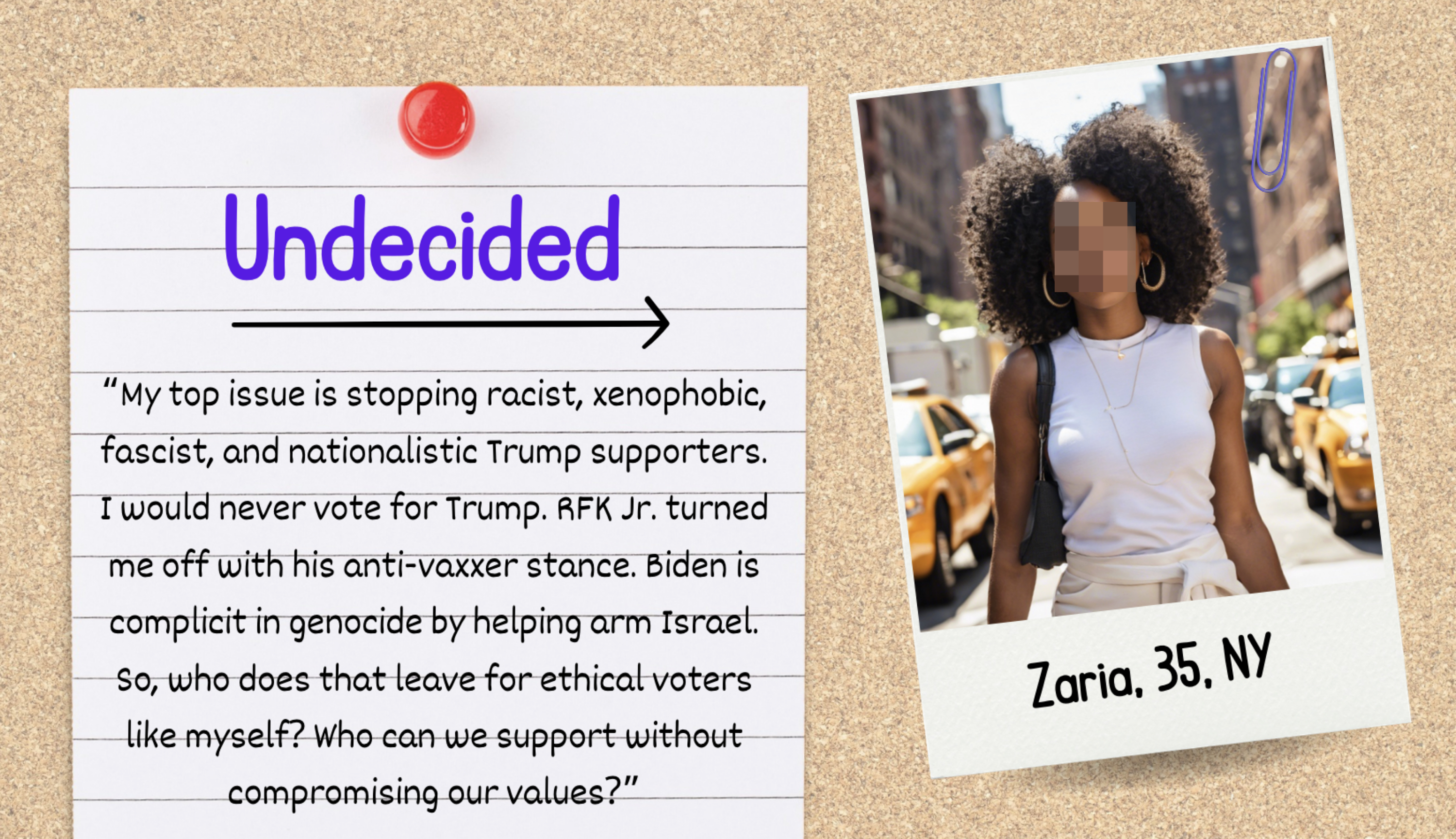 Notecard with text expressing concerns about political candidates. Photo of Zaria, 35, NY, in casual attire standing on a city street with taxis in the background