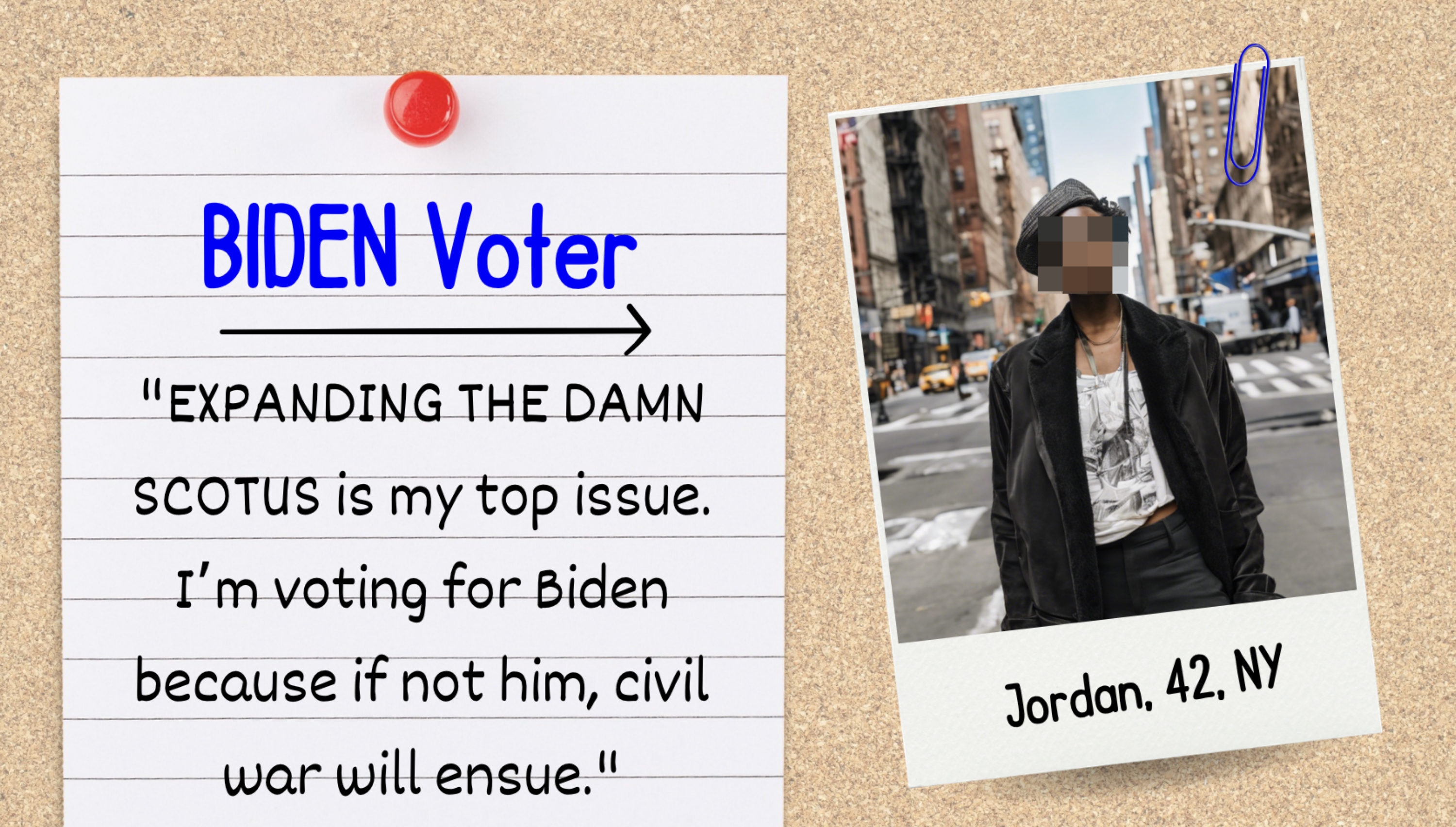 A note pinned on a corkboard reads: &quot;BIDEN Voter - &#x27;EXPANDING THE DAMN SCOTUS is my top issue. I&#x27;m voting for Biden because if not him, civil war will ensue.&#x27;&quot; Photo of Jordan, 42, NY, attached