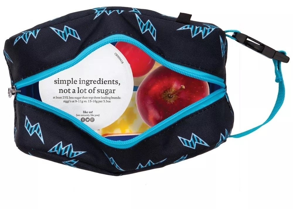 Reusable snack bag showing granola snack pack with text &quot;simple ingredients, not a lot of sugar,&quot; along with an apple