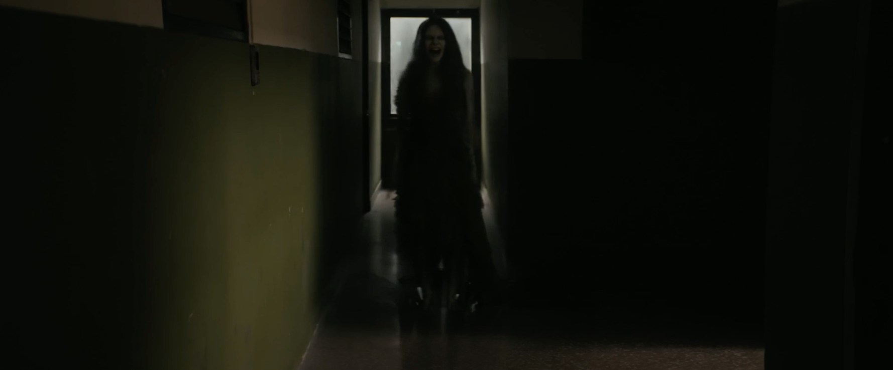 A person stands at the end of a dimly lit hallway, backlit by light from an open door, creating a shadowy and eerie effect