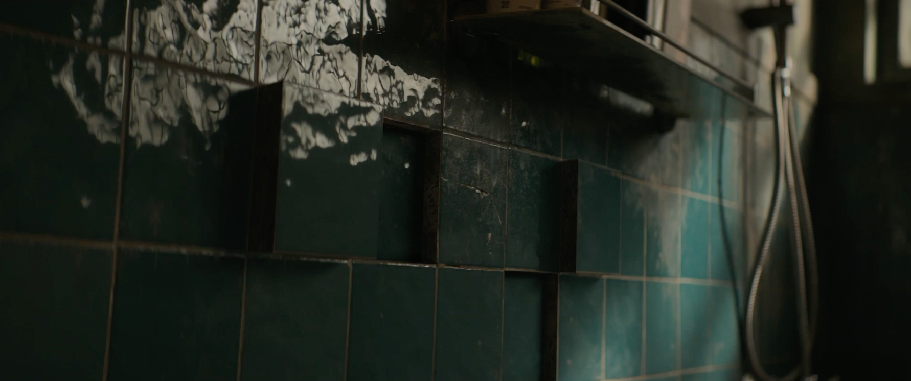 A dimly lit bathroom showcasing green-tiled walls with cracks and stains, a shelf with soap, and a showerhead