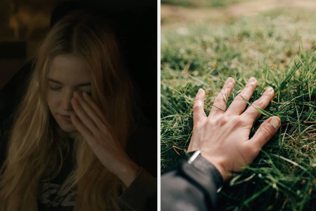 On the left, a woman, possibly tired or emotional, covers one eye with her hand. On the right, a close-up of a hand touching grass