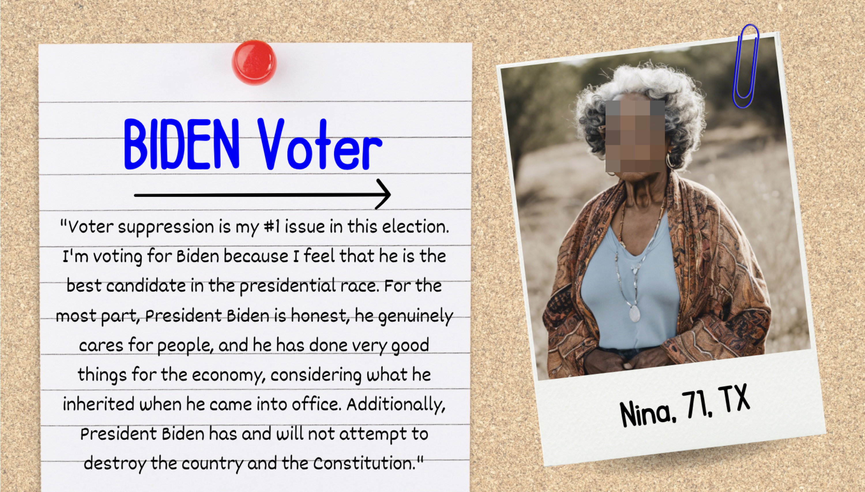 A note reads: &quot;BIDEN Voter: &#x27;Voter suppression is my #1 issue in this election. I&#x27;m voting for Biden because I feel that he is the best candidate...&#x27;&quot; A photo of Nina, 71, TX, is on the right