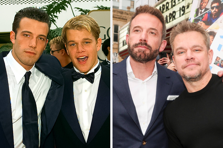 Ben Affleck and Matt Damon in a two-photo collage: on the left in tuxedos in an earlier photo, and on the right in casual outfits at a more recent event