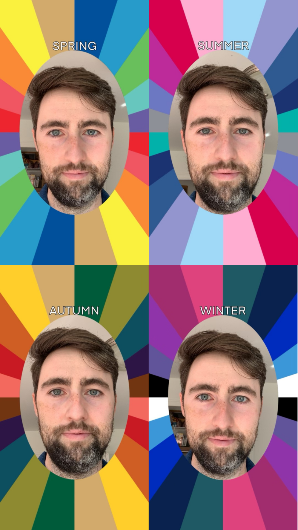 Four oval portraits of the same man with different seasonal color palettes labeled &#x27;Spring,&#x27; &#x27;Summer,&#x27; &#x27;Autumn,&#x27; and &#x27;Winter&#x27; surrounding his face