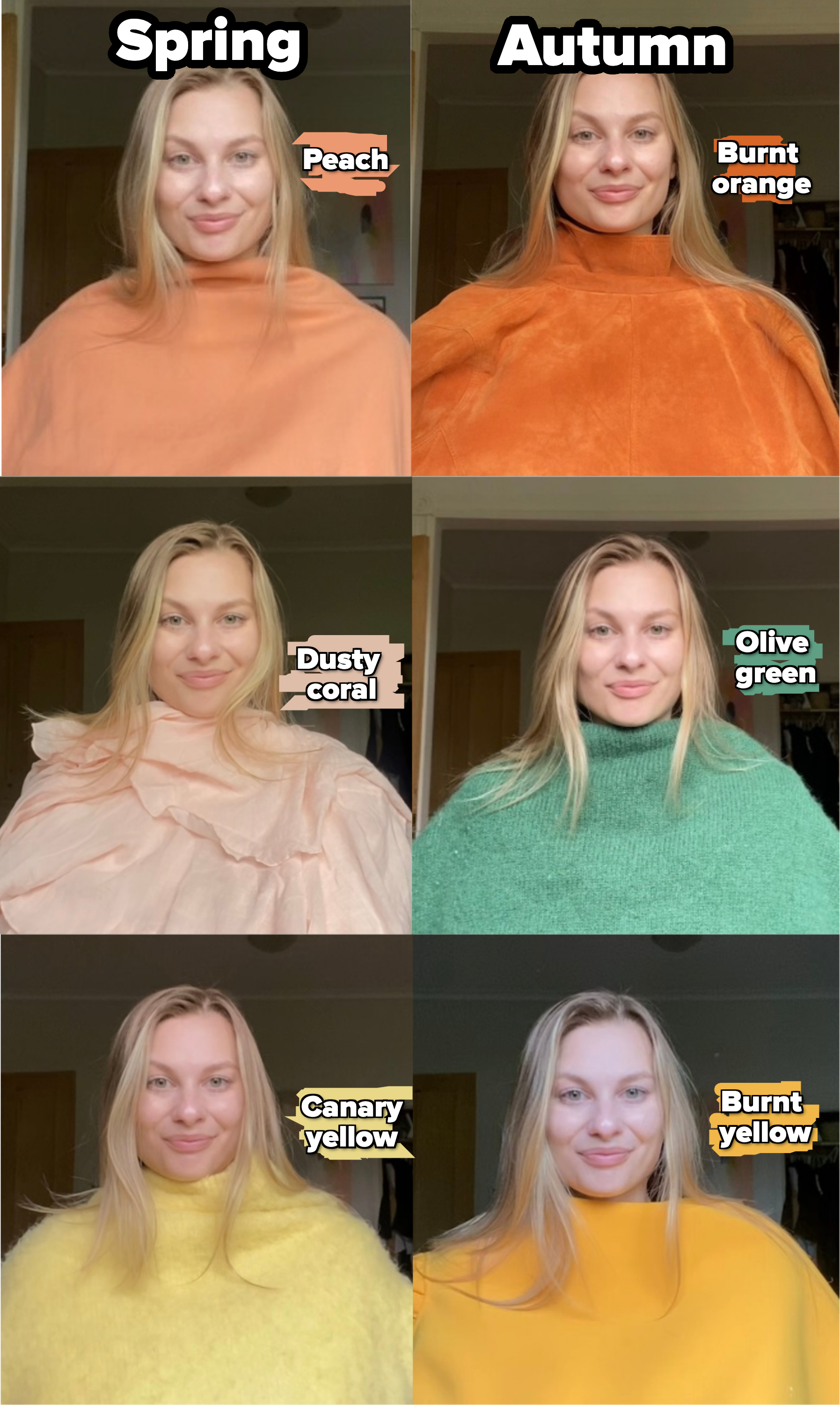 Six side-by-side photos of the same person, each wearing pullover sweaters or tops in different textures. The person is smiling in all images. Names are not provided