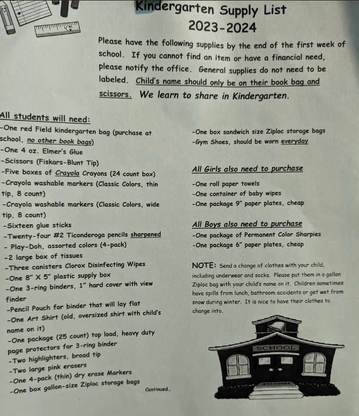 Kindergarten Supply List 2023-2024 with general instructions and itemized lists for all students, boys, and girls. Includes specific notes about donations and packaging