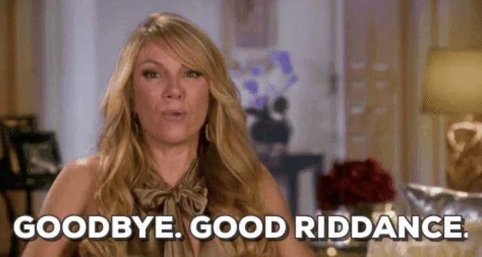 A woman with long blonde hair, wearing a sleeveless top with a bow, says &quot;GOODBYE. GOOD RIDDANCE.&quot; in a captioned image