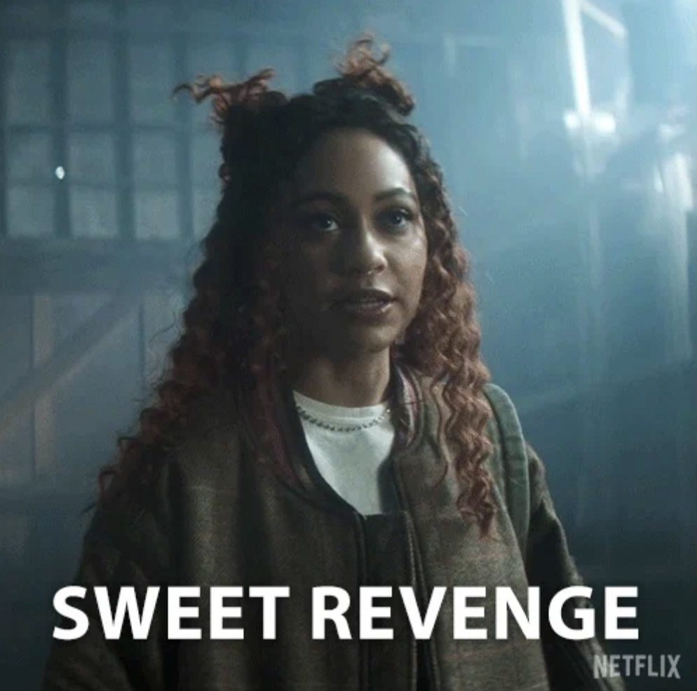 A woman with curly hair and two small buns, wearing a casual jacket, is in a dimly lit setting with “SWEET REVENGE” and the Netflix logo displayed at the bottom