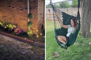 Splitting image: left side shows a well-lit garden by a brick house, right side shows a reviewer relaxing in a green hammock chair in a backyard