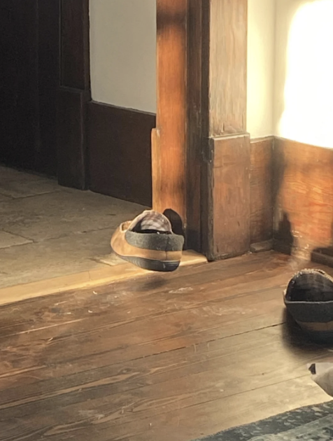 A pair of slippers placed near a wooden beam and wall inside a sunlit room