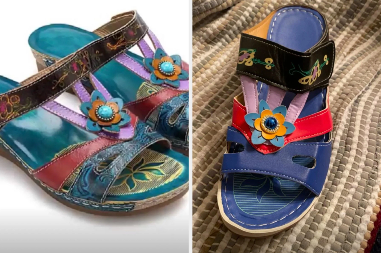 Two pairs of colorful, floral-themed sandals with unique patchwork designs displayed on a woven mat background