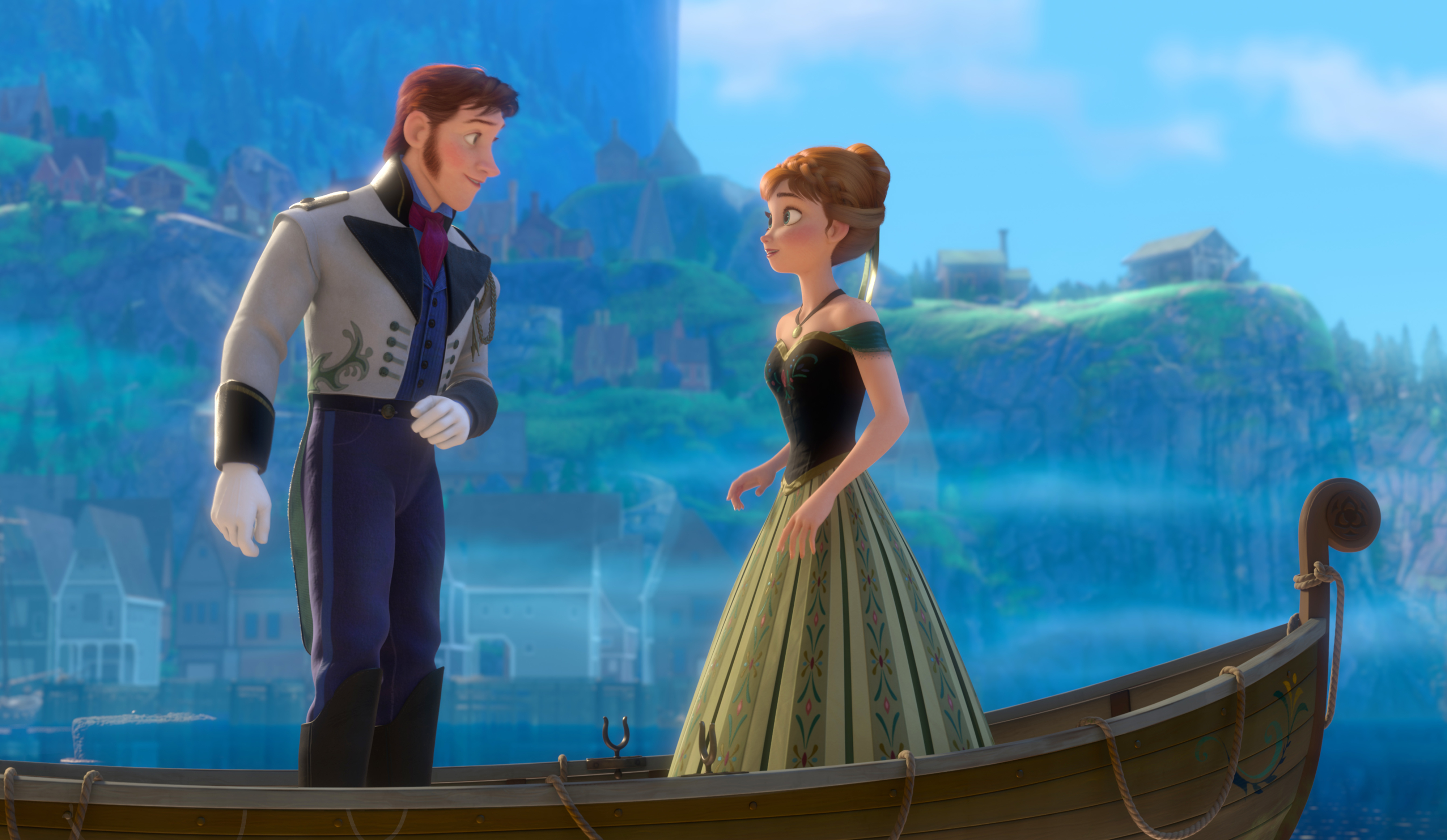 Hans and Anna from Frozen stand on a boat, talking. Hans is in a formal jacket with epaulettes, and Anna is in a dress with a fitted bodice and full skirt