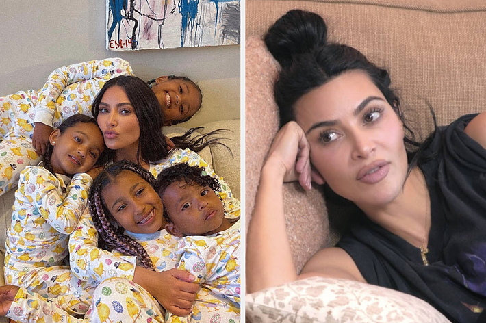 Kim Kardashian poses with her four children in matching pajamas on the left; on the right, she rests her head on her hand in a casual setting