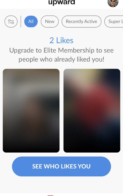 A dating app screen shows two blurred profile images with the text &quot;2 Likes&quot; and an option to upgrade to Elite Membership to see who liked you