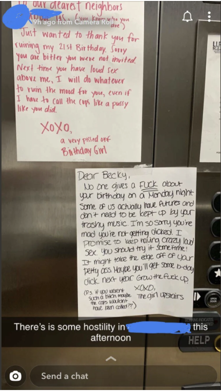 Two notes posted on a wall. One, from a &quot;Birthday Girl,&quot; expresses anger about a ruined 21st birthday; the other note from &quot;the girl upstairs&quot; apologizes and defends having parties