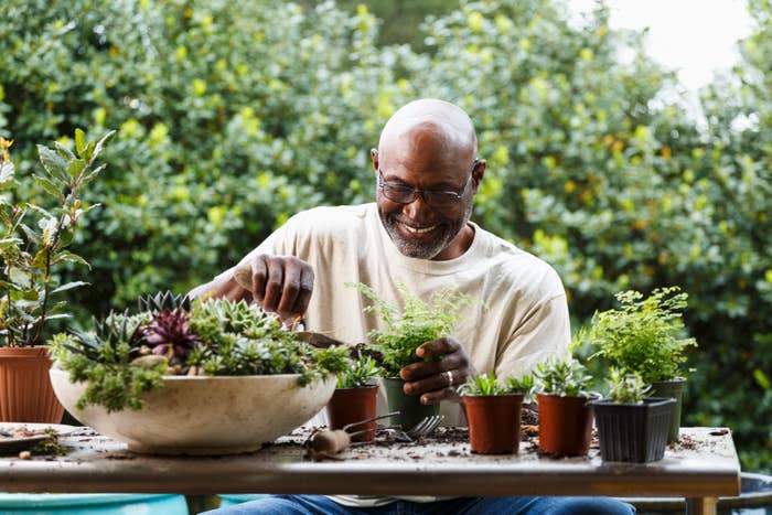 A man is sitting at a table outdoors, smiling as he tends to a variety of potted plants and succulents