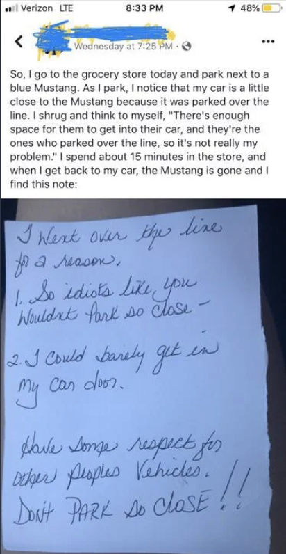 A social media post shows a written note on a car. The note criticizes the car owner for parking too close, urging respect for other vehicles