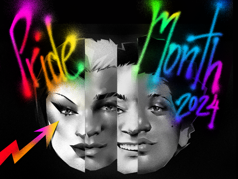 Abstract art featuring bold text reading &quot;Pride Month 2024&quot; with stylized portraits of diverse faces underneath
