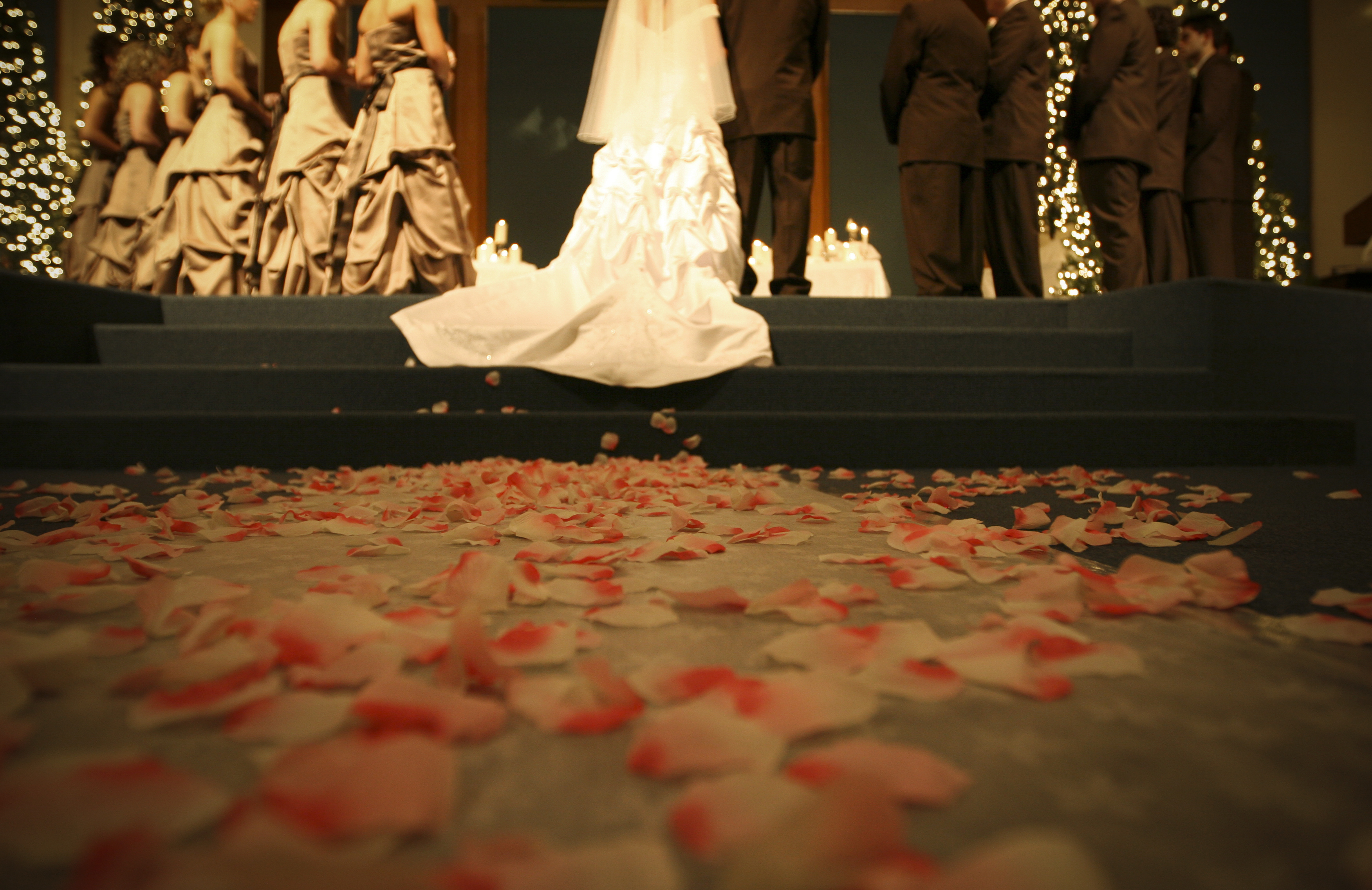 Bride and bridesmaids in elaborate dresses at the altar with groomsmen. Rose petals scattered on the aisle floor