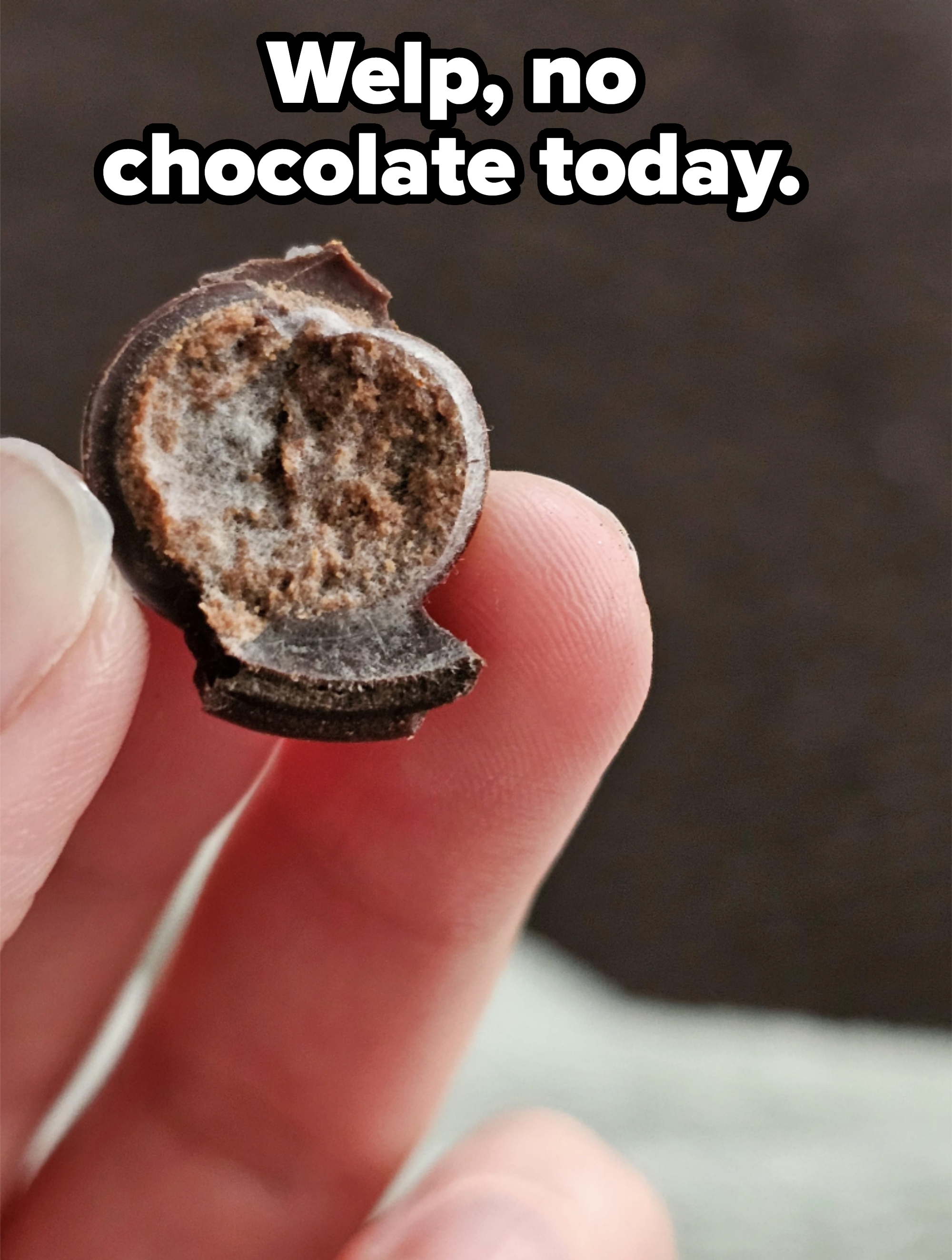 A close-up of a hand holding a partially bitten round chocolate candy with a creamy, textured filling inside