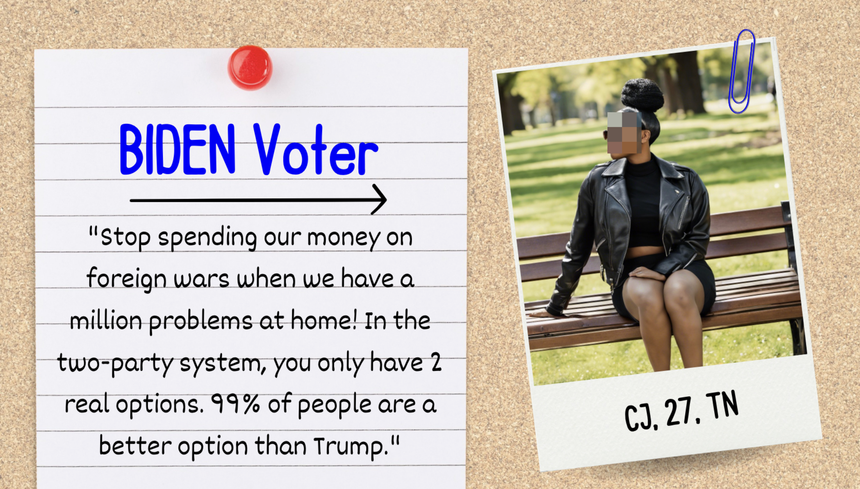 Text: &quot;BIDEN Voter. &#x27;Stop spending our money on foreign wars when we have a million problems at home! In the two-party system, you only have 2 real options. 99% of people are a better option than Trump.&#x27;&quot;

Image of CJ, 27, TN seated on a bench