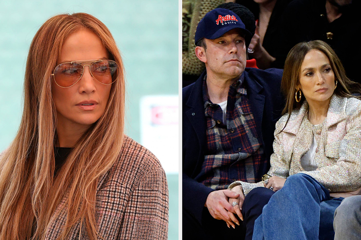 Jennifer Lopez and Ben Affleck. Jennifer wears a checkered coat and sunglasses in the left image and a textured jacket in the right image. Ben wears a plaid shirt and hat