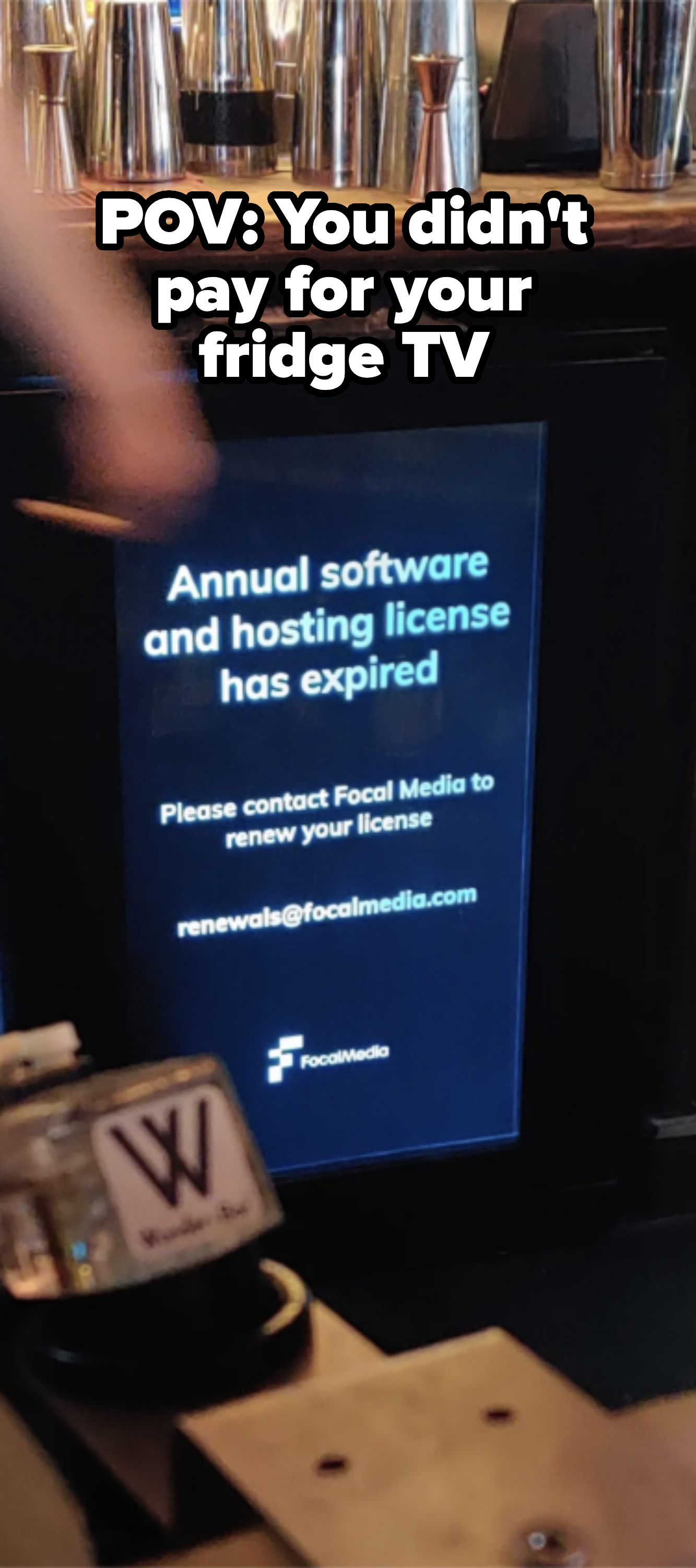 Digital screen reads, &quot;Annual software and hosting license has expired. Please contact Focal Media to renew your license renewals@focalmedia.com.&quot;