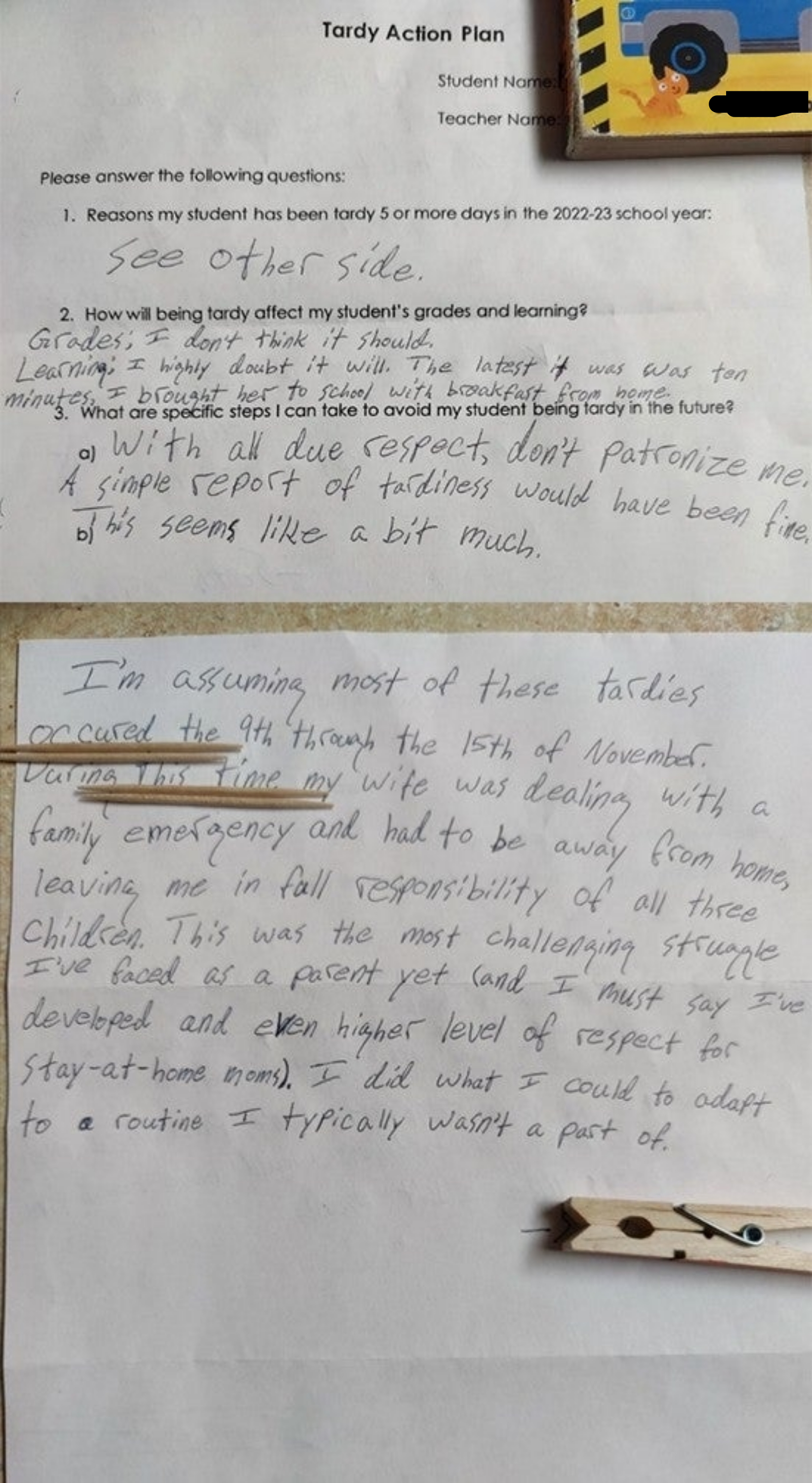 Handwritten responses and excuses about tardiness due to family emergencies and balancing work and home life, alongside typed education action plan form by teacher James Craig