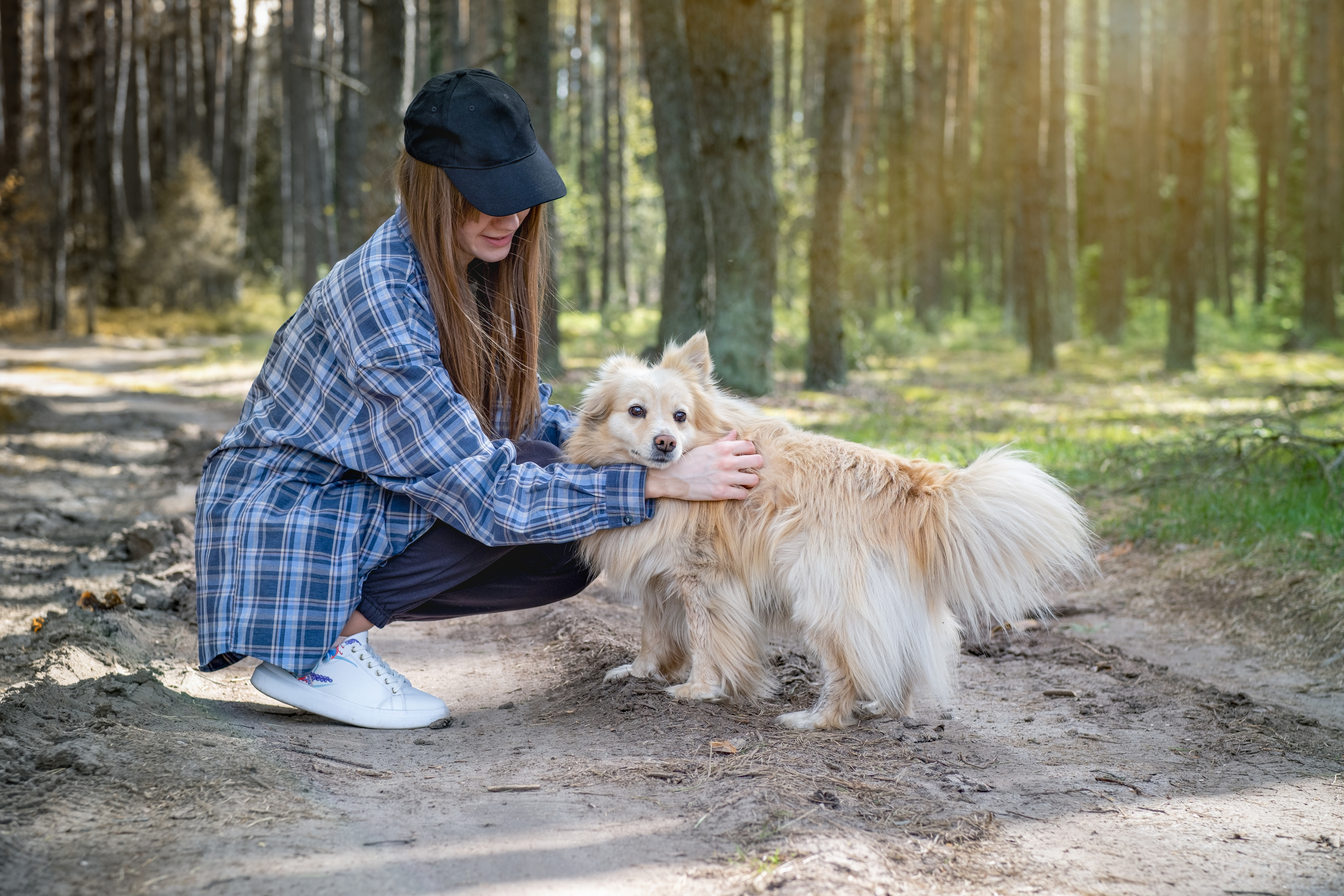 A person wearing a hat, long-sleeve plaid shirt, and sneakers kneeling and petting a fluffy dog in a wooded area