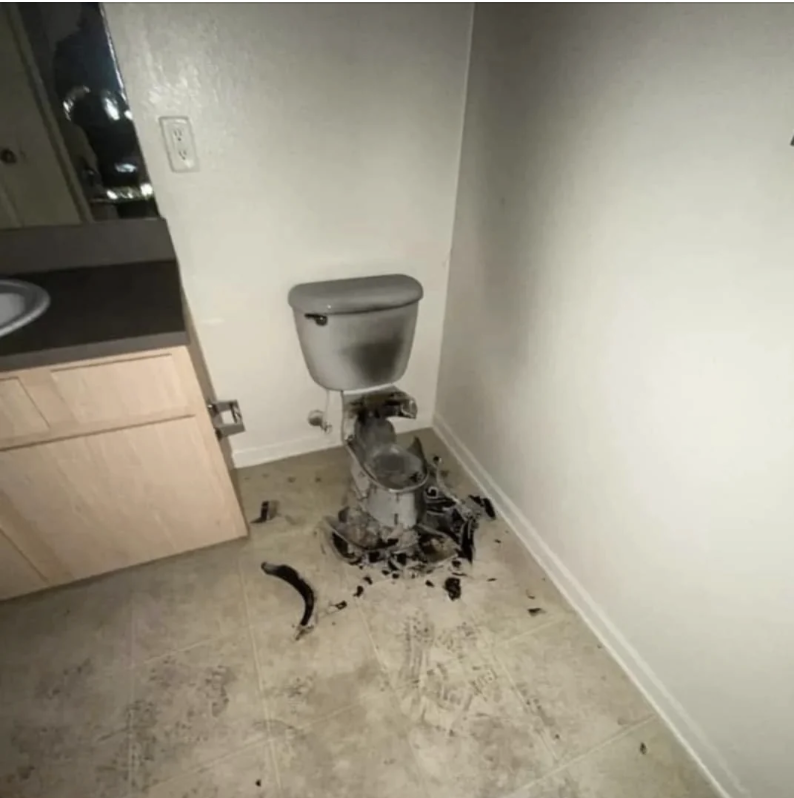 Bathroom showing a severely damaged toilet with broken pieces scattered on the floor. The image appears to be from an Internet Finds article