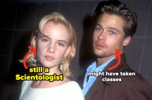 Juliette Lewis in a white dress and Brad Pitt in a suit, posing together at an event in the 90s