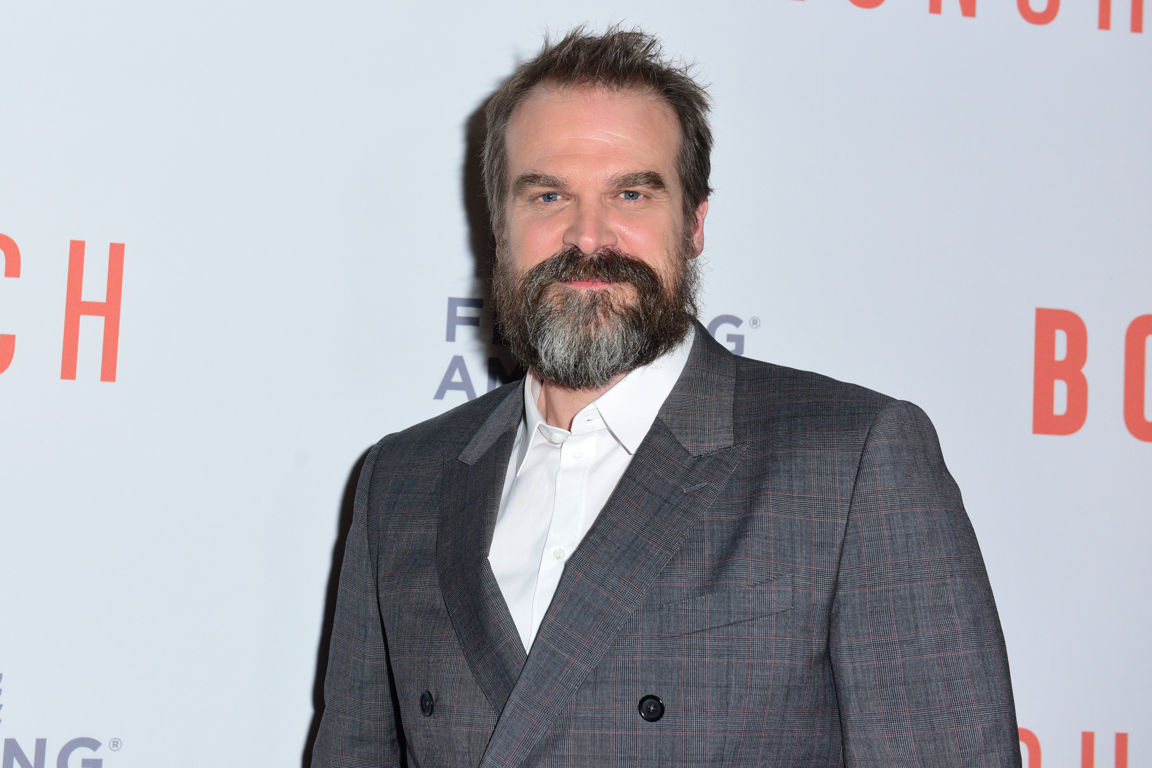 David Harbour at a red carpet event, wearing a gray suit jacket with a white dress shirt, smiling