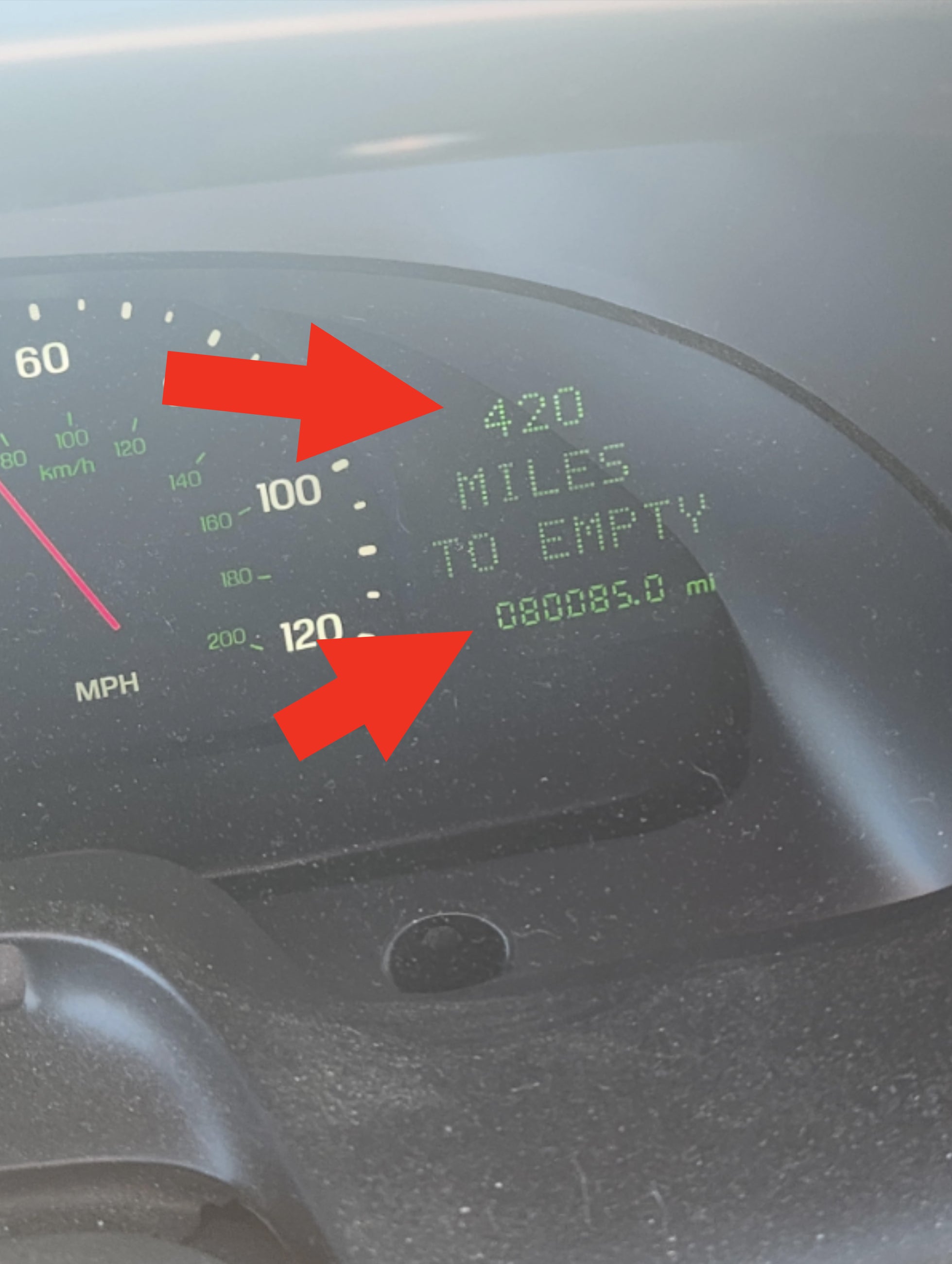 Car dashboard displaying 420 miles to empty with an odometer reading of 88085.0 miles