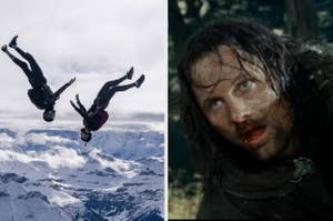 Left: Two people skydiving over snow-covered mountains. Right: Aragorn from The Lord of the Rings series looks up, bruised and with an intense expression